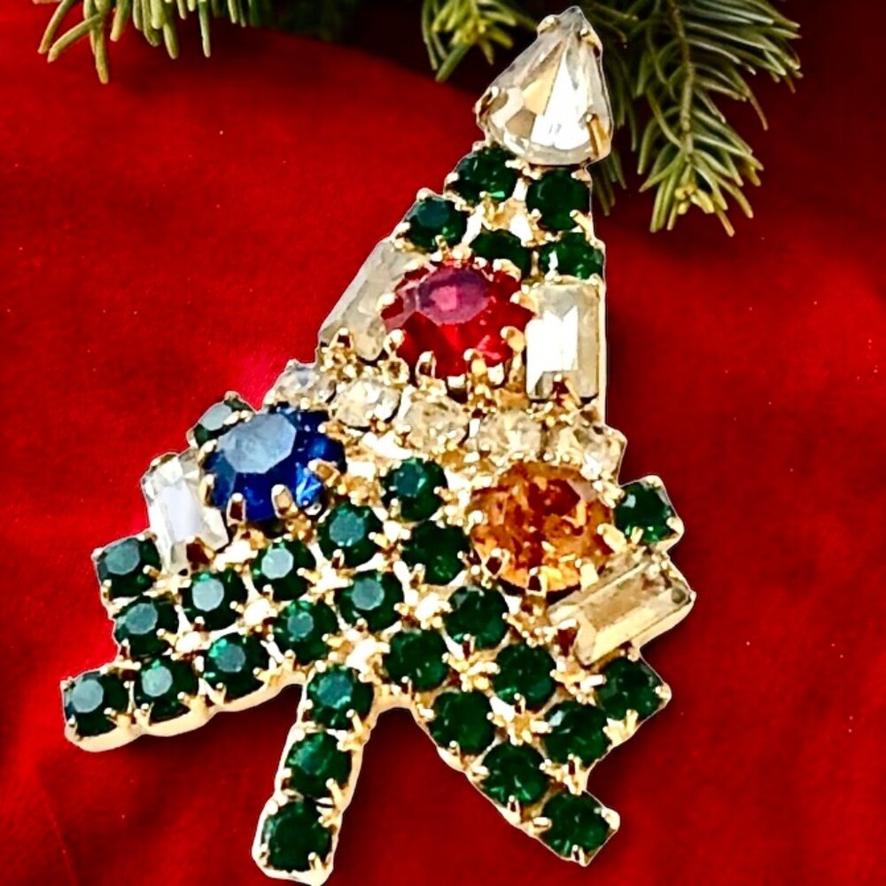 EISENBERG ICE Vintage Christmas Tree Brooch Small Multi-Color Rhinestone…